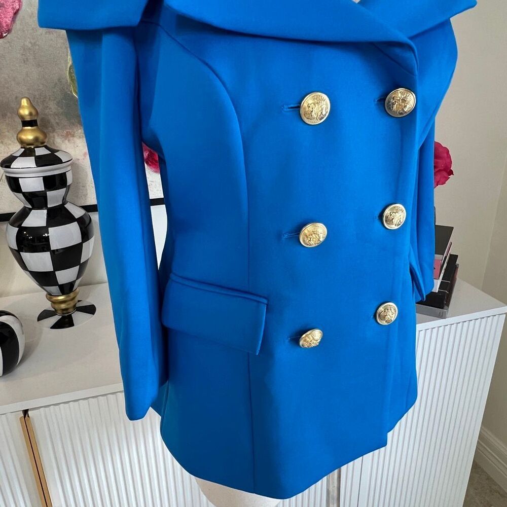 Boston Proper Alexia Admor Cobalt Blue Double Breasted Off Shoulder Blazer Size - Picture 2 of 6